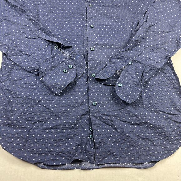 Saks Fifth Avenue Mens Seersucker Shirt Large Navy White Dotted Classic Preppy - Picture 2 of 10
